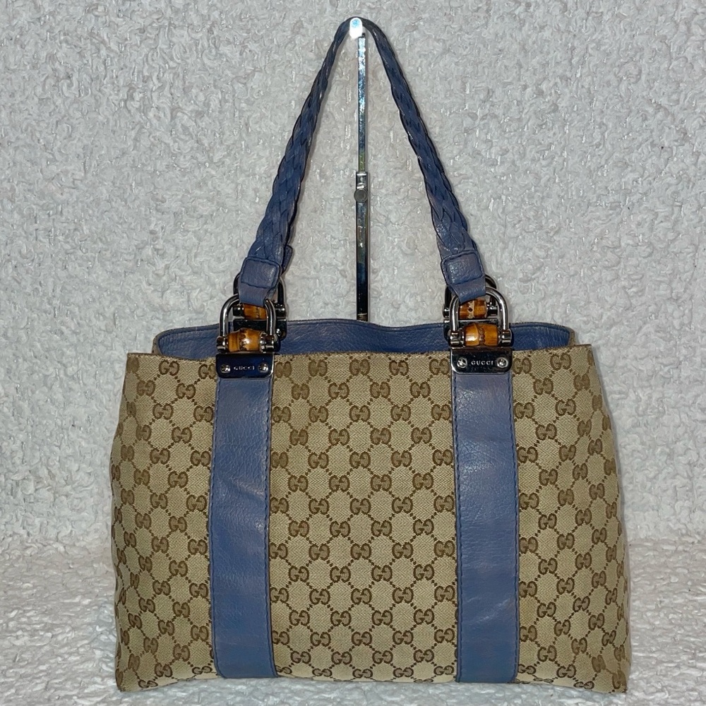 Gucci Guccissima Canvas & Sapphire Blue Leather Bamboo Large Shoulder Bag Tote - Picture 8 of 17
